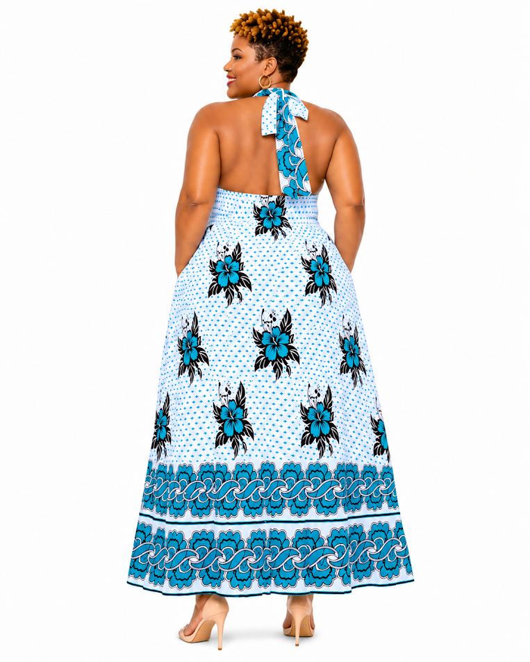 Tanzania Khanga Summer Halterneck Dress With Pockets- Free Size Designed and Hadmade by Silvia Kinjui Oisso