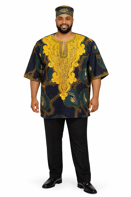 One of a Kind Tanzania Embroidered Daishiki with Kofia/Kufi Size 2XL-3XL