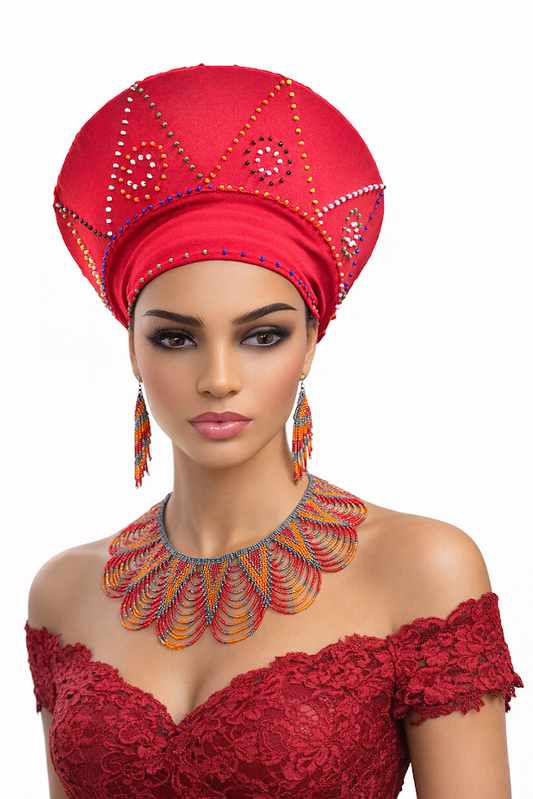 Zulu Hat - Red & Multicolor Beads