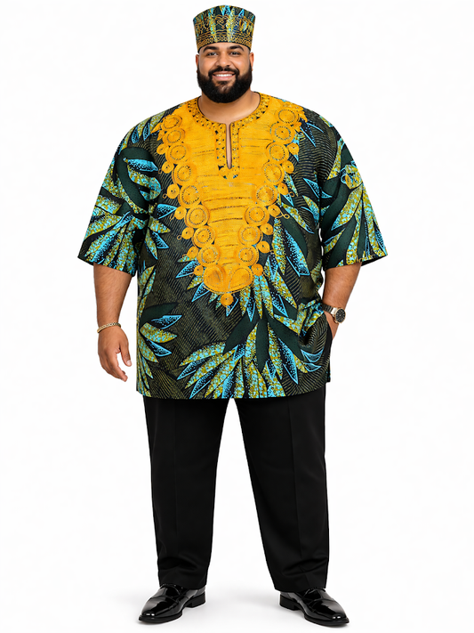 One of a Kind Tanzania Embroidered Daishiki with Kofia/Kufi Size 3XL-4XL
