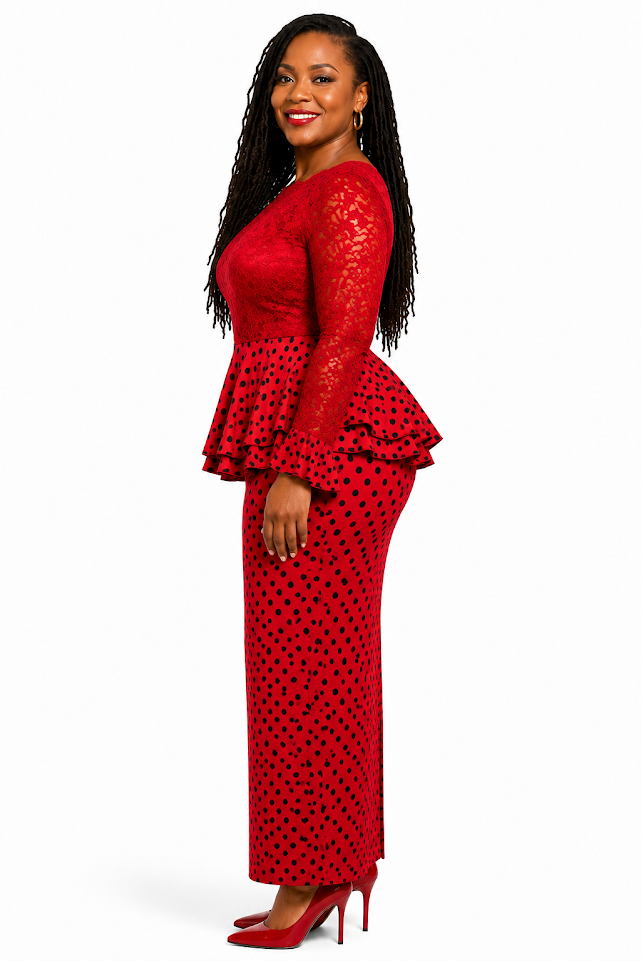 Elegant Bright Red Colors Long Dress Short Sleeved & Long Sleve Handmade in Tanzania by Akida Ajuaye for Special Ocassion  - Size L