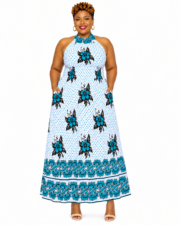 Tanzania Khanga Summer Halterneck Dress With Pockets- Free Size Designed and Hadmade by Silvia Kinjui Oisso