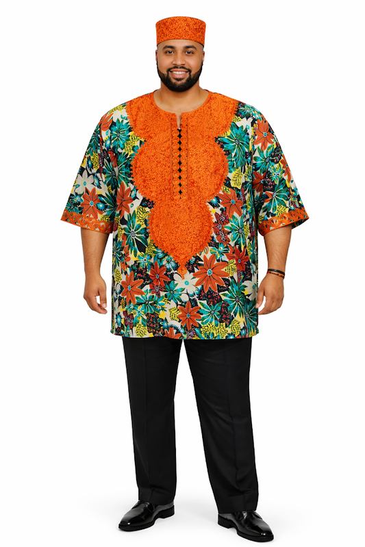 One of a Kind Tanzania Embroidered Daishiki with Kofia/Kufi Size 2XL