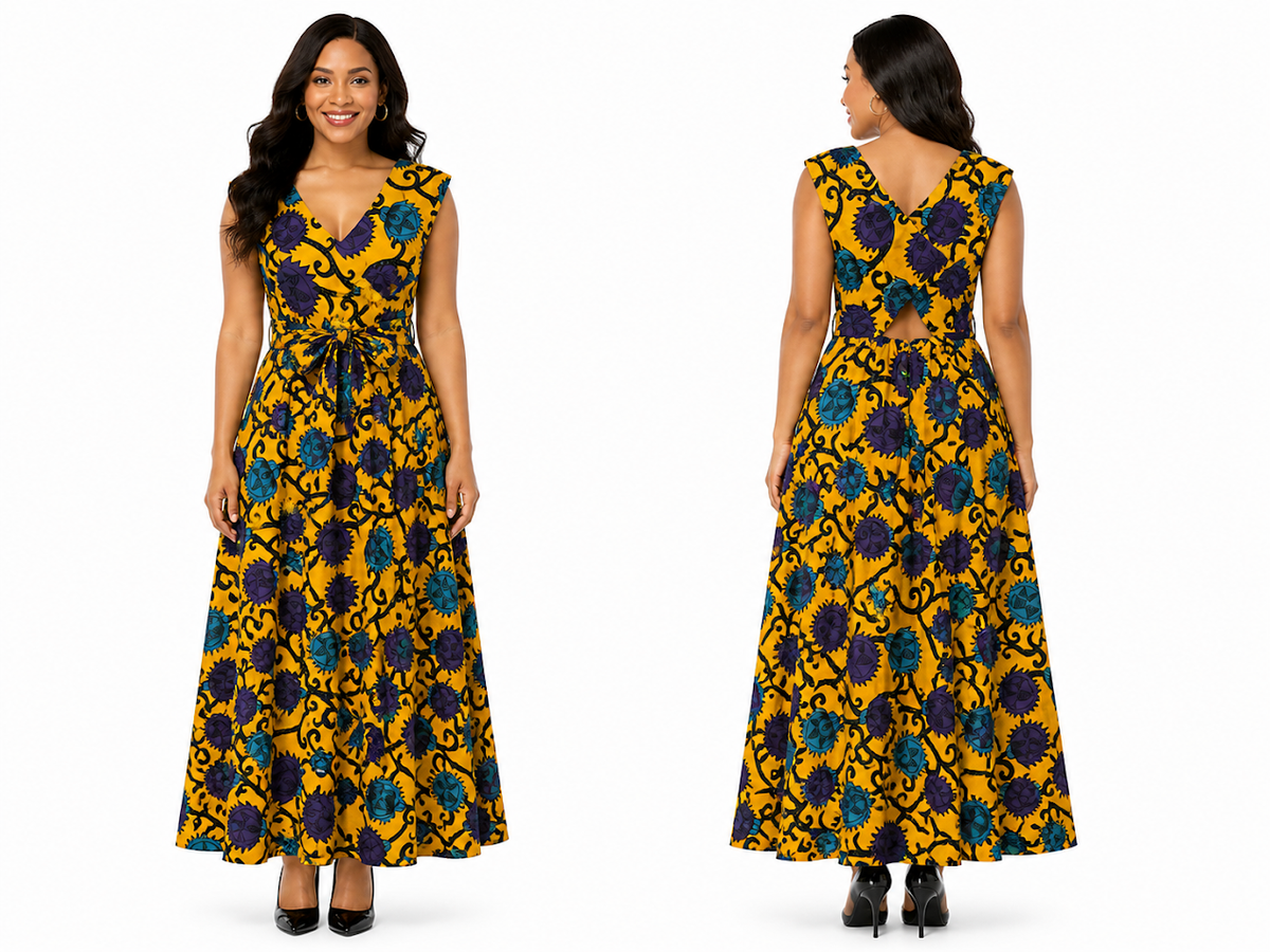 Elegant Bright Colors Long Dress Short Sleeved Styled Back Made in Tanzania for Special Ocassion  - Size M to L