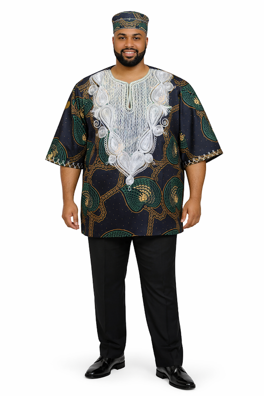 One of a Kind Tanzania Embroidered Daishiki with Kofia/Kufi Size 3XL