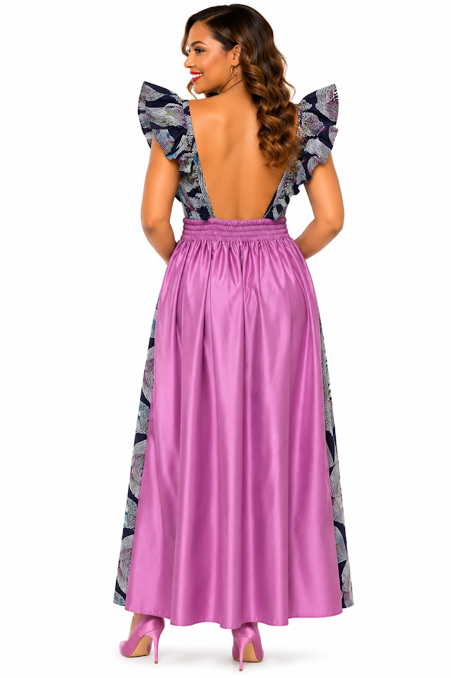 African Ankara & Satin Special Event Dress With Pockets- Designed and Hadmade by Silvia Kinjui Oisso