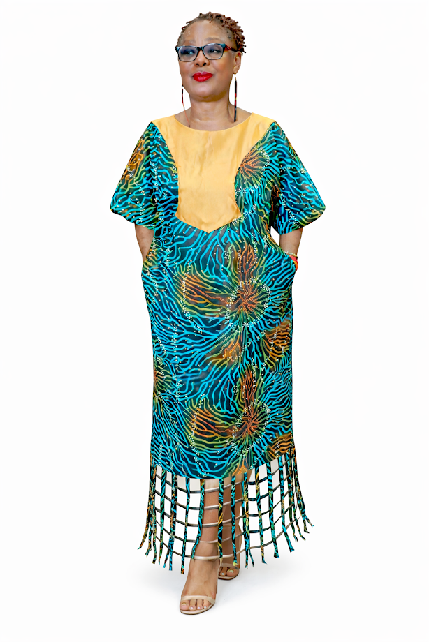 Handmade Satin & Ankara Long Dress with Pockets - Free Size 2XL - 4XL