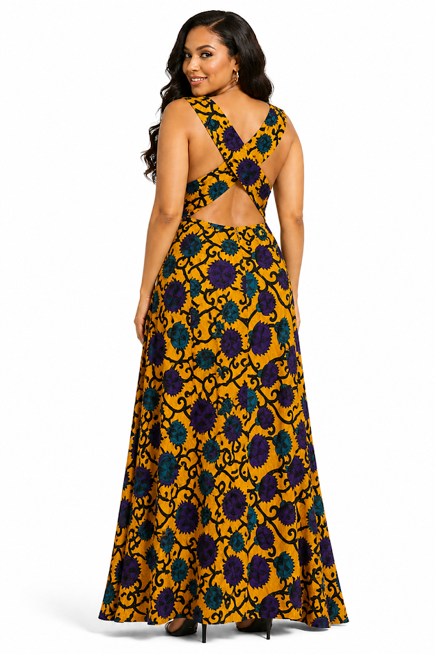 Elegant Bright Colors Long Dress Short Sleeved Styled Back Made in Tanzania for Special Ocassion  - Size M to L