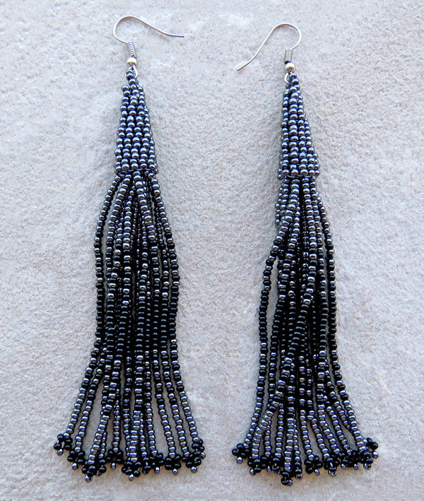 African Beaded Earrings Lukimbi Black Metallic Grey
