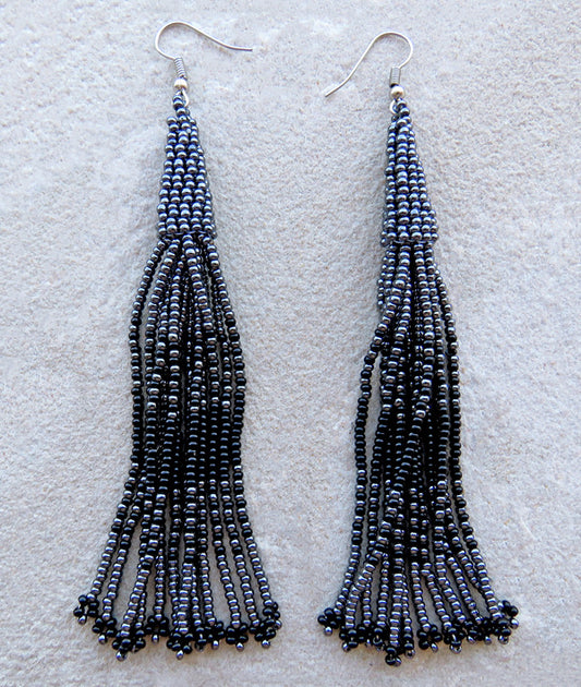 African Beaded Earrings Lukimbi Black Metallic Grey