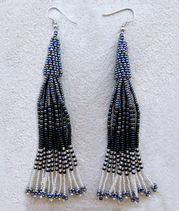 African Beaded Earrings Lukimbi Silver Black Metallic Grey