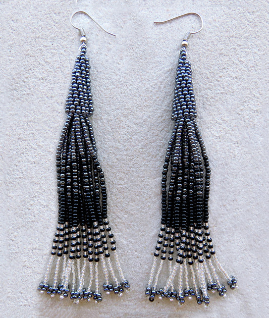African Beaded Earrings Lukimbi Silver Black Metallic Grey