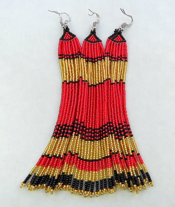 African Beaded Earrings - Sahara Design. Red, gold & black.