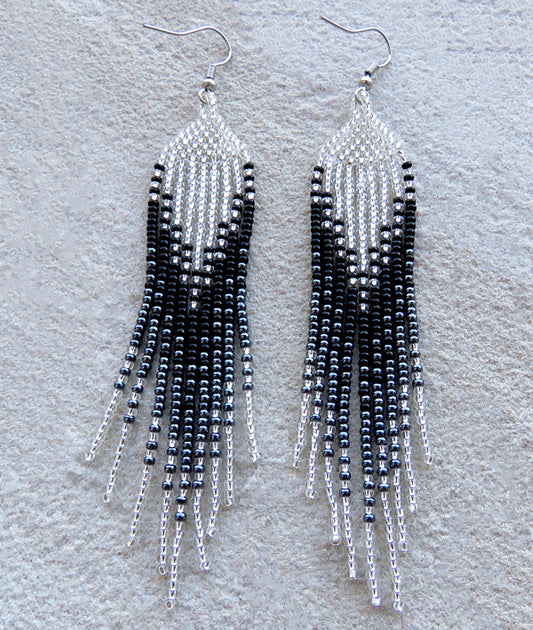 African Beaded Earrings Ilala Design. SILVER / BLACK / METALLIC GREY|Mchete's African Treasures, LLC