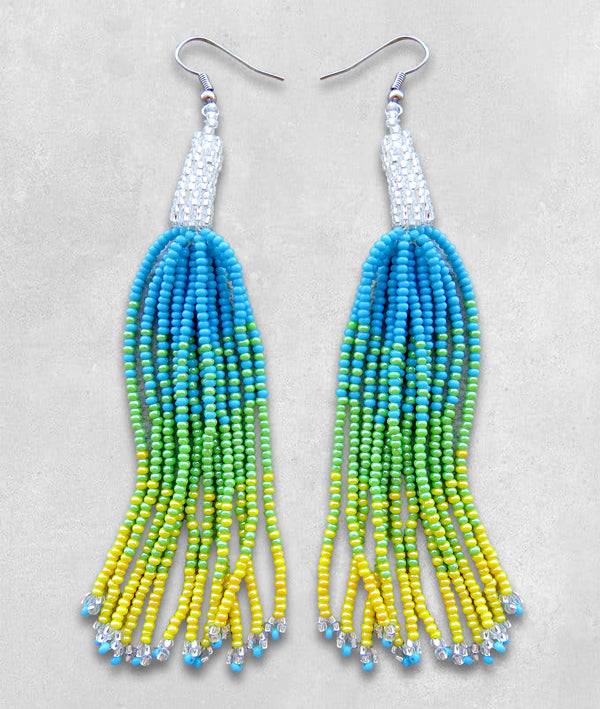 African Beaded Earrings Lukimbi Blue Lime Yellow