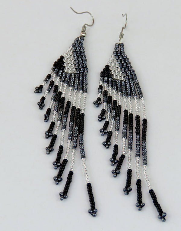African Beaded Earrings Savuti Silver Black Metallic Grey