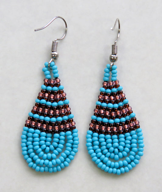 Small Beaded Ear Rings Teardrop Aqua Copper Chocolate
