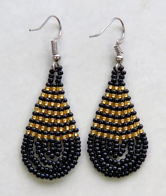 Small Beaded Ear Rings Teardrop Black Gold