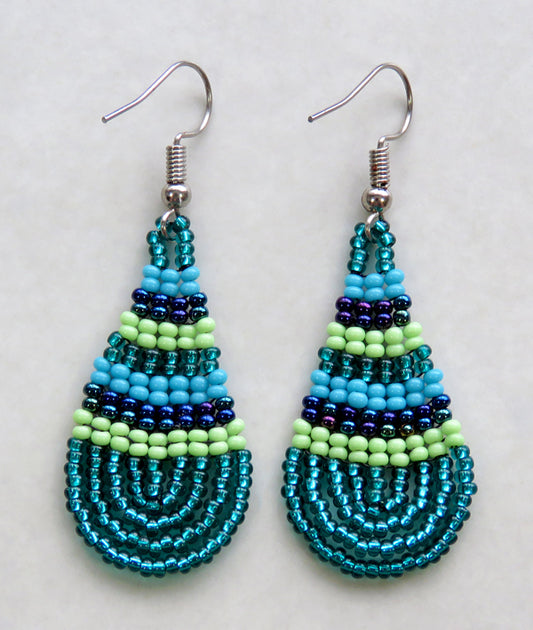 Small Beaded Ear Rings Teardrop Lime Nebula Aqua Jade