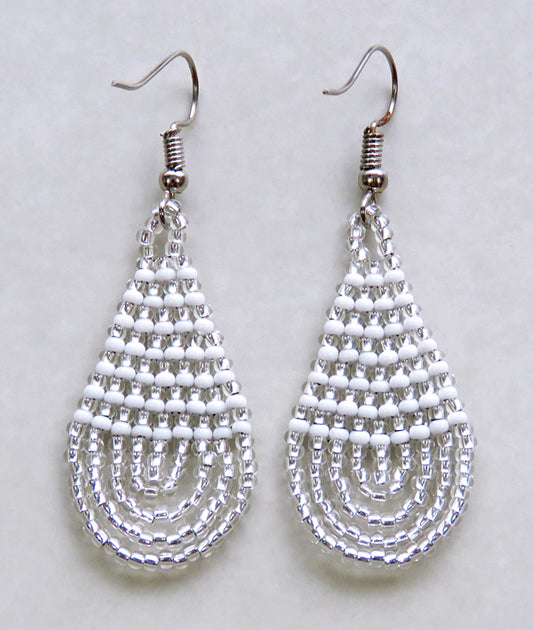 Small Beaded Ear Rings Teardrop Silver White