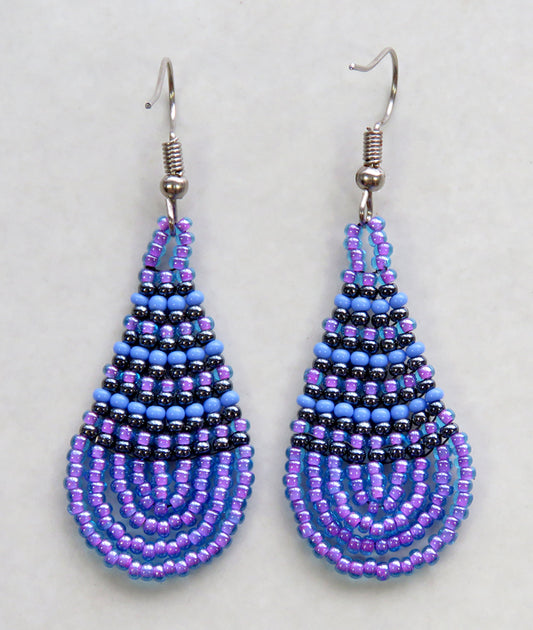 Small Beaded Ear Rings Teardrop Lillac Blue Metallic