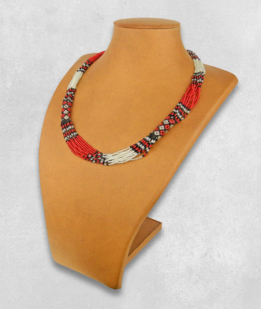 African Beaded Necklace Mvovo Red Silver Black