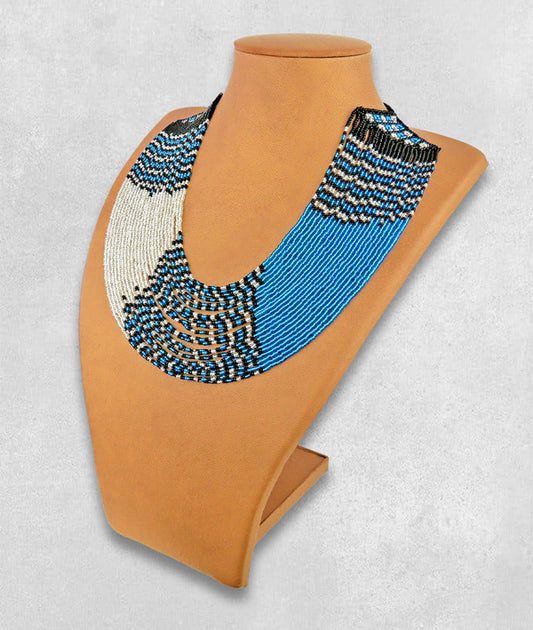 African Beaded Necklace Sibaya Blue Silver Black