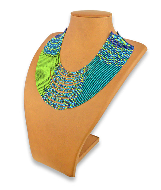 African Beaded Necklace Sibaya Lime Nebula Aqua Jade