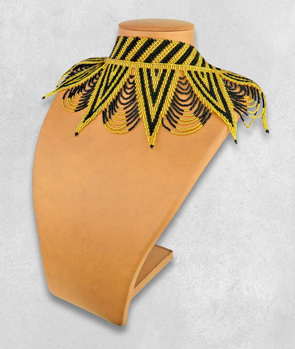 African Beaded Necklace Zulu Spear Choker Gold Black