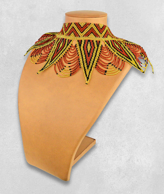 Traditional Zulu Spear Choker Necklace - Gold, brown &amp; black.