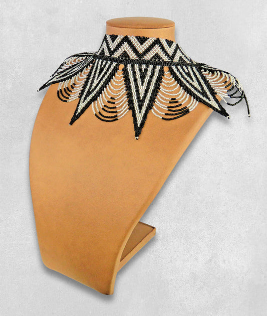 African Beaded Necklace Zulu Spear Choker Silver Black