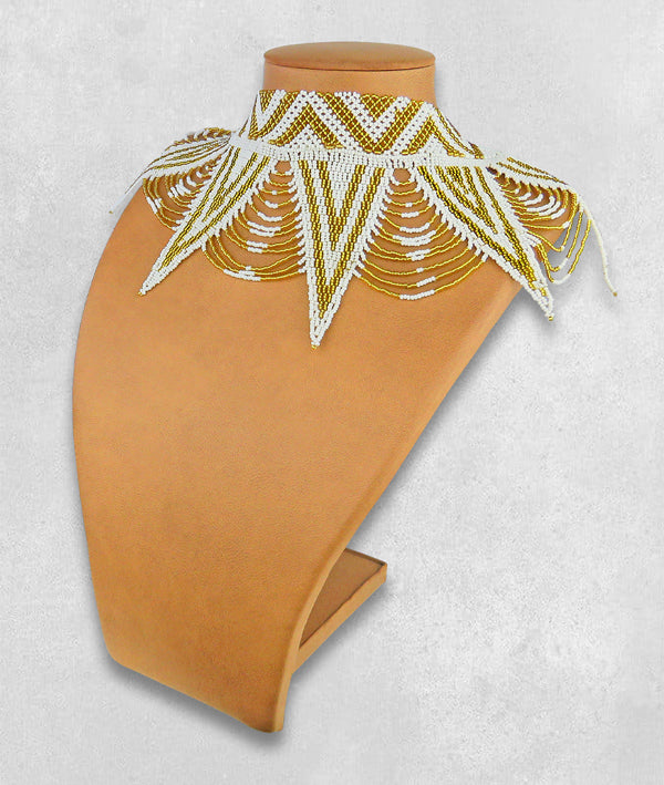 African Beaded Necklace Zulu Spear Choker White Gold