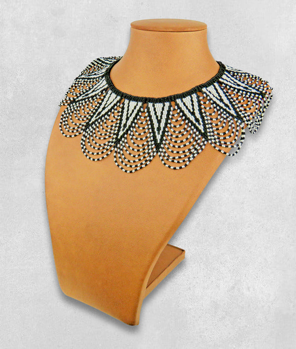 African Beaded Necklace Zulu Spear Fringe Black White