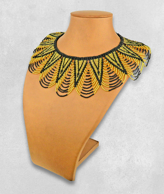 Zulu Spear Fringe Beaded Necklace Gold Black