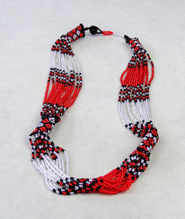 African Beaded Necklace Mvovo Red Silver Black