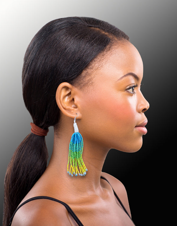 African Beaded Earrings Lukimbi Blue Lime Yellow