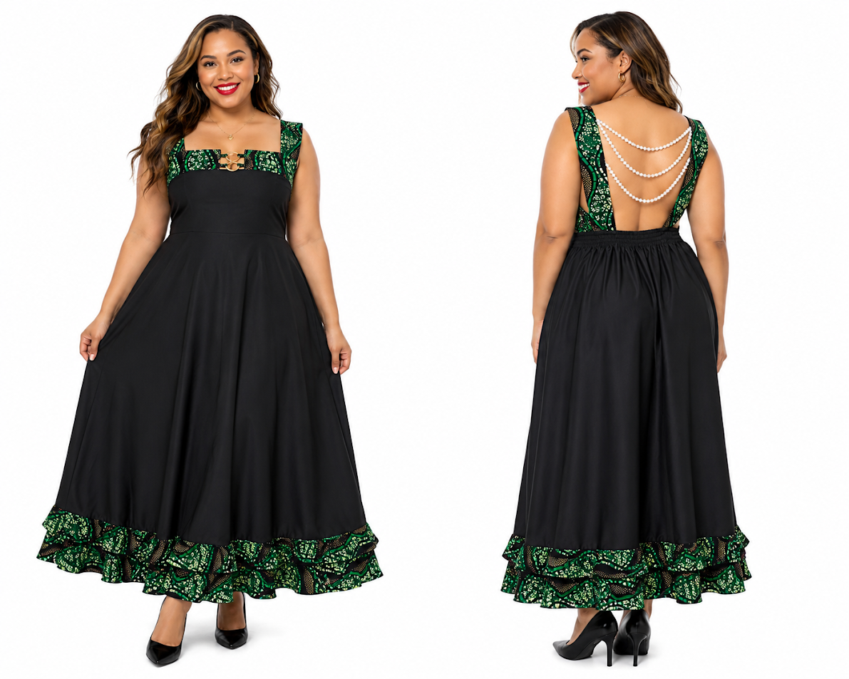 African Ankara & Satin Special Event Dress With Pockets- Designed and Hadmade by Silvia Kinjui Oisso