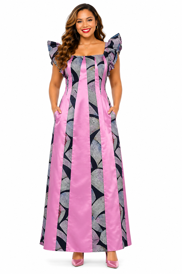 African Ankara & Satin Special Event Dress With Pockets- Designed and Hadmade by Silvia Kinjui Oisso