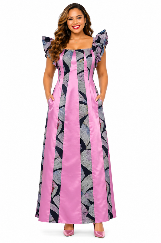 African Ankara & Satin Special Event Dress With Pockets- Designed and Hadmade by Silvia Kinjui Oisso