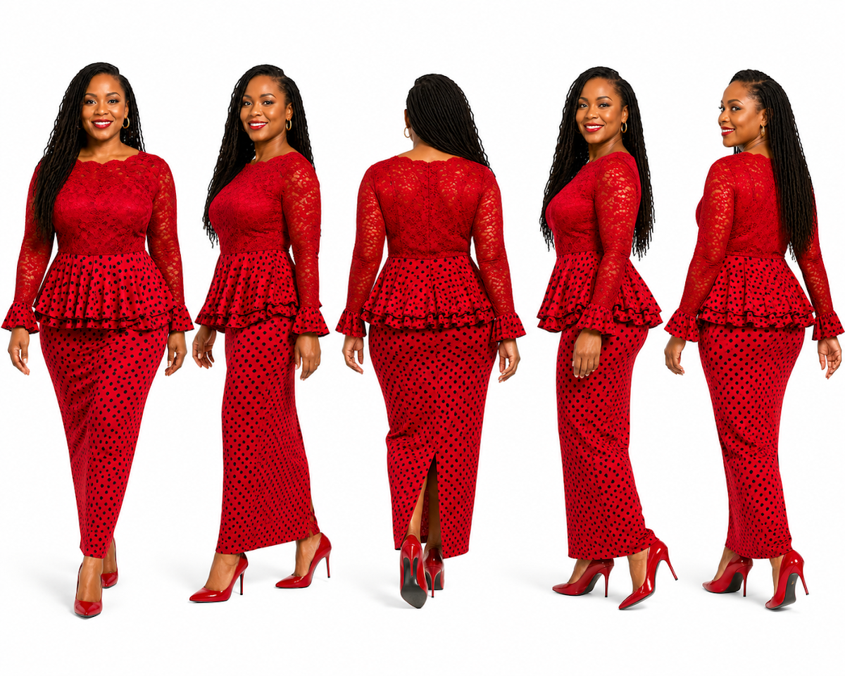 Elegant Bright Red Colors Long Dress Short Sleeved & Long Sleve Handmade in Tanzania by Akida Ajuaye for Special Ocassion  - Size L