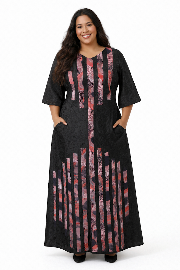 Handmade Dressy Free Size Lace & Ankara Long Dress with Pockets- Free Size L-3XL