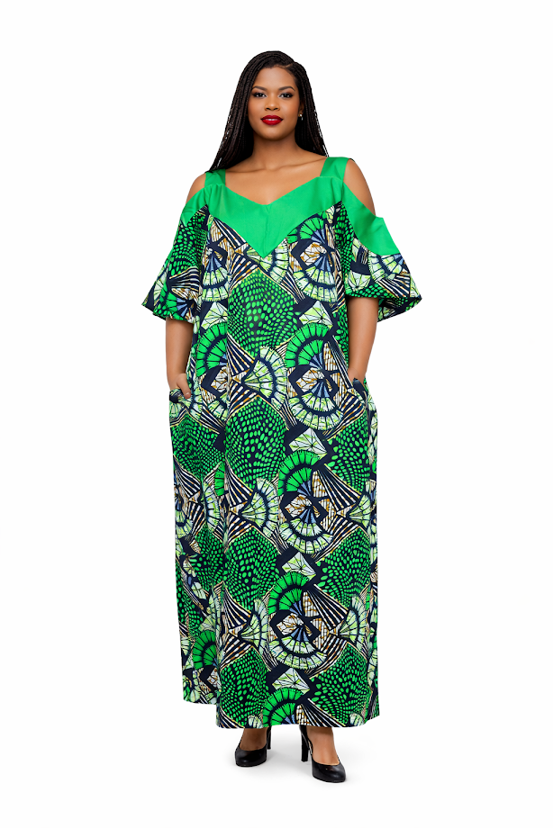 Handmade Satin & Ankara Long Dress with Pockets - Free Size 2XL - 4XL