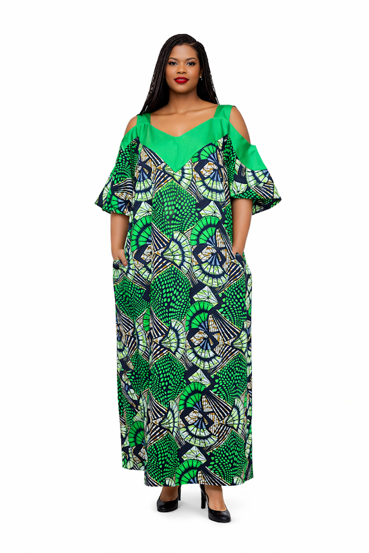 Handmade Satin & Ankara Long Dress with Pockets - Free Size 2XL - 4XL
