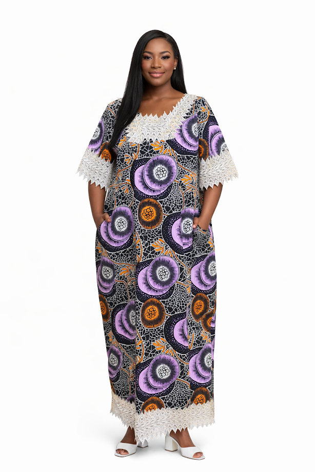 Handmade Dressy Free Size Ankara Long Dress with Pockets- Free Size L-3XL