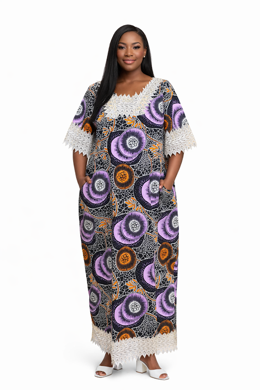 Handmade Dressy Free Size Ankara Long Dress with Pockets- Free Size L-3XL
