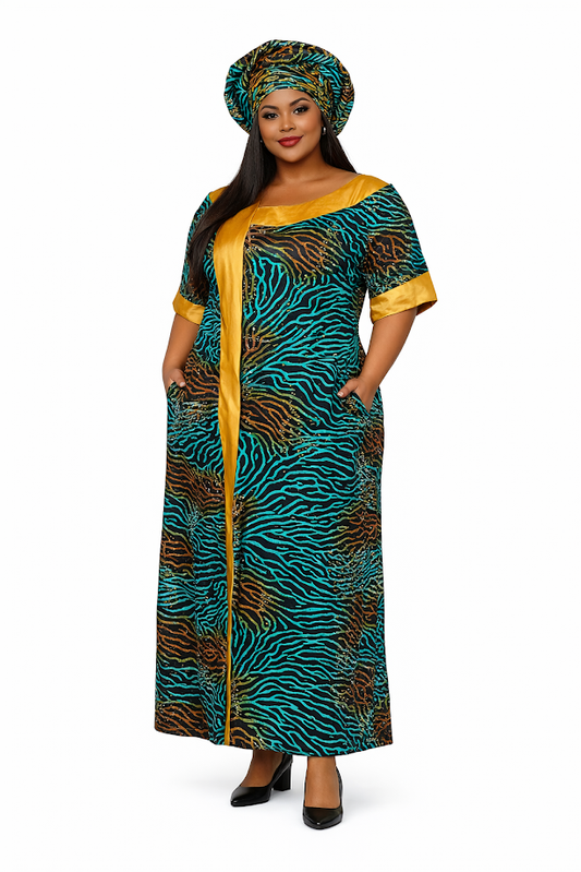 Handmade Dressy Free Size Satin & Ankara Long Dress with Pockets- Free Size L-3XL
