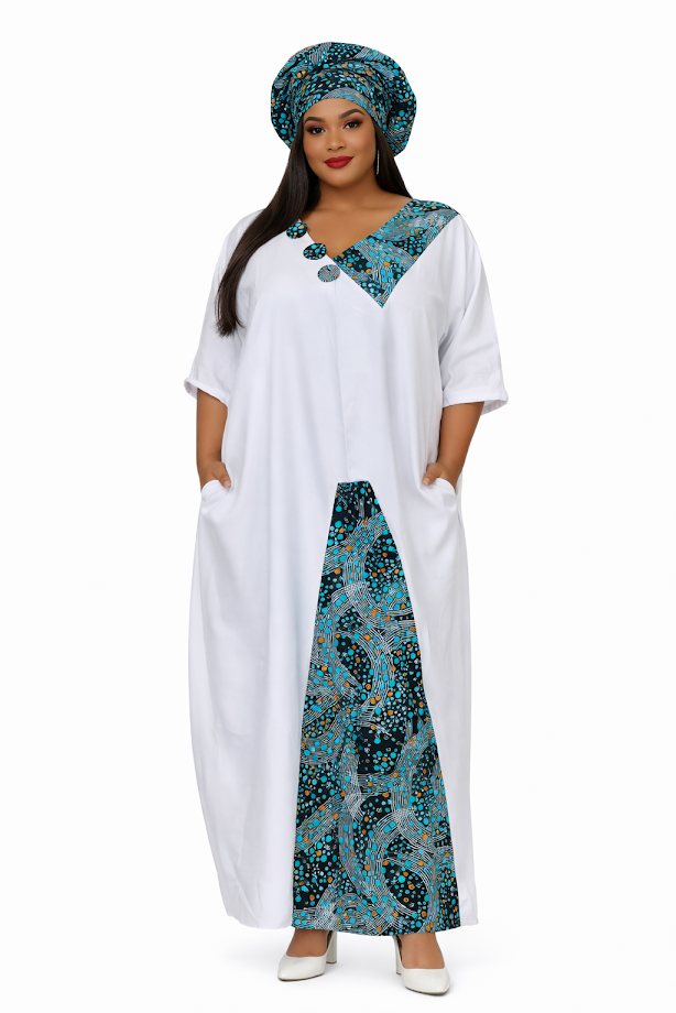 Handmade White & Ankara Long Dress with Pockets & Headwrap - Free Size 2XL - 4XL