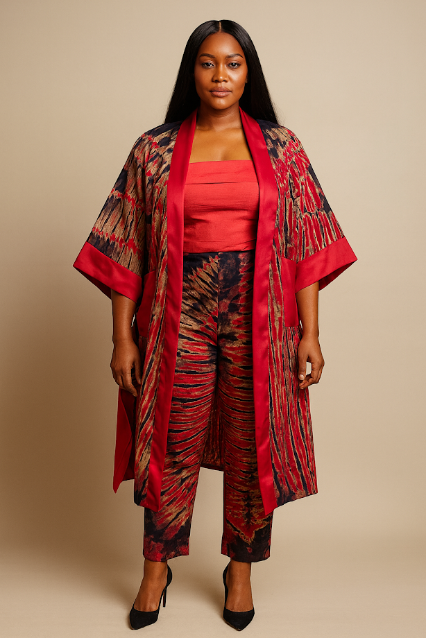 One-of-a Kind Organic Hand Made Batik & Tailor-Made Pants Set - Embroidered with Headwrap - Formal