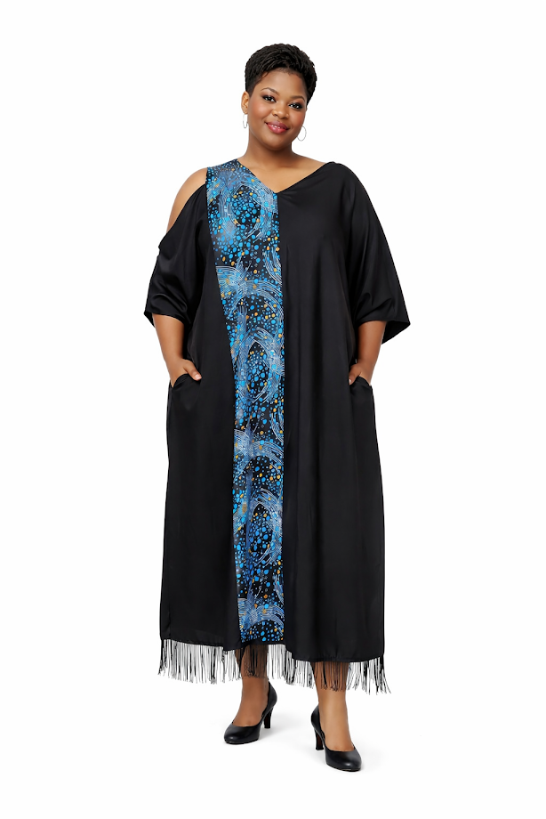 Handmade Black & Ankara Long Dress with Pockets - Free Size 2XL - 4XL
