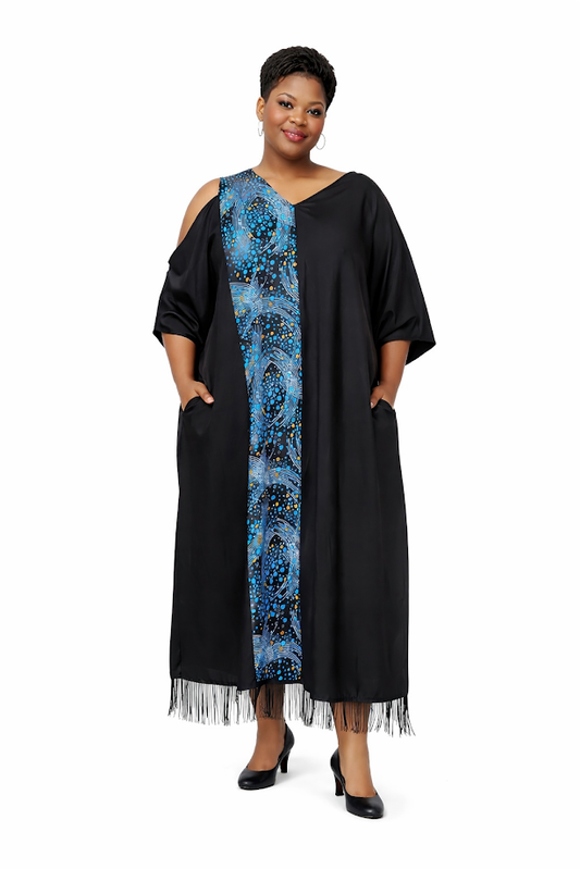 Handmade Black & Ankara Long Dress with Pockets - Free Size 2XL - 4XL
